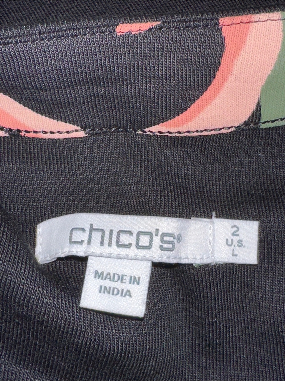 Chico's Black V-Neck Tunic with Pink Floral Swirl - Picture 2 of 5